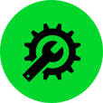 Illustration of a black gear icon on green rounded background.